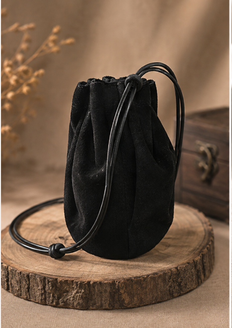 Classic Black Suede Drawstring Pouch