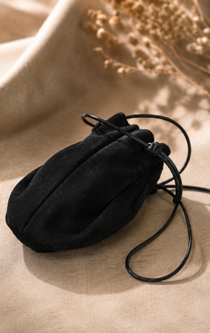 Classic Black Suede Drawstring Pouch