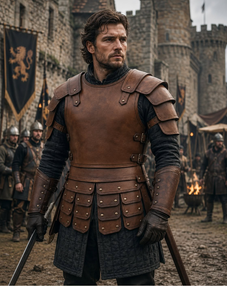 Medieval Warrior Layered Brown Leather Armour Set with Pauldrons & Bracers